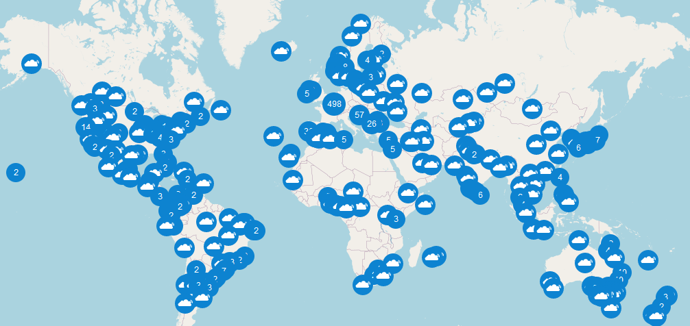 Mapa global de cobertura de la comunidad The Things Network (TTN).