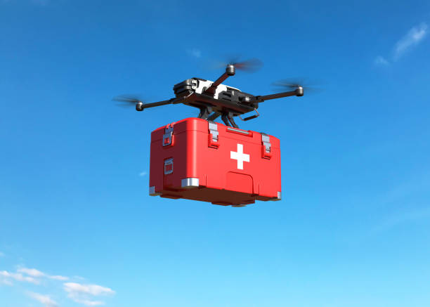 Drone aéreo que entrega productos médicos.