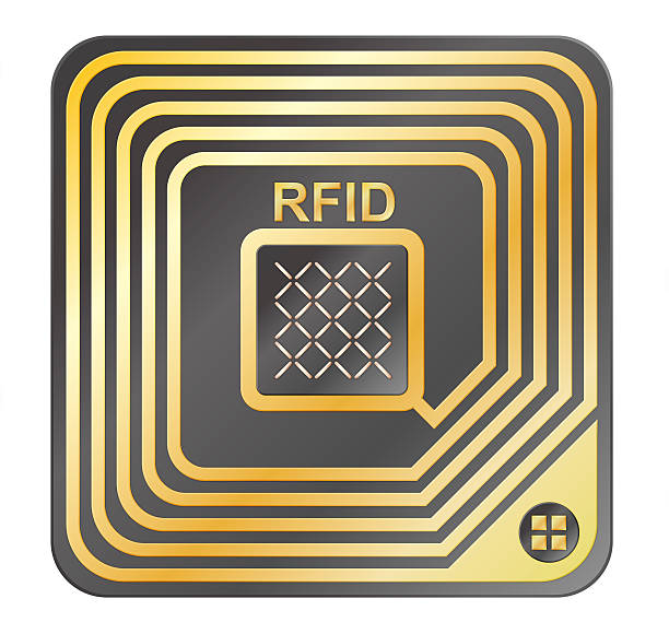 Representación gráfica de etiqueta RFID. La etiqueta RFID se lee mediante un lector RFID y ésta contiene datos.
