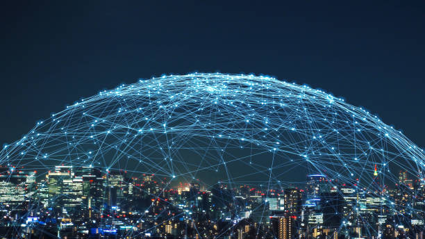 Representación gráfica de una infraestructura IOT repleta de redes inteligentes visibles en una smart city 